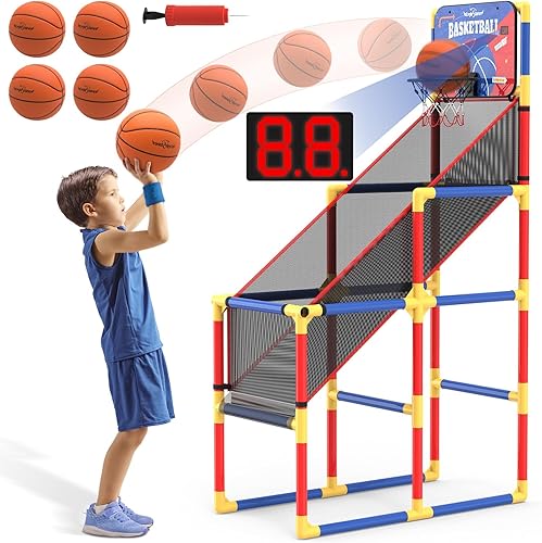 Juego de baloncesto para niños con marcador electrónico y sonidos de alegría, aro de baloncesto para interiores y exteriores con 4 bolas, juguete de