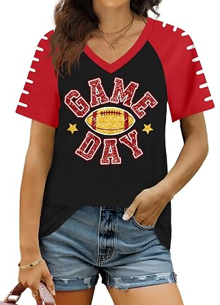 Game Day Shirts for Women Football Graphic Shirt Gameday Season Short Sleeve Team Fan Tee Tops