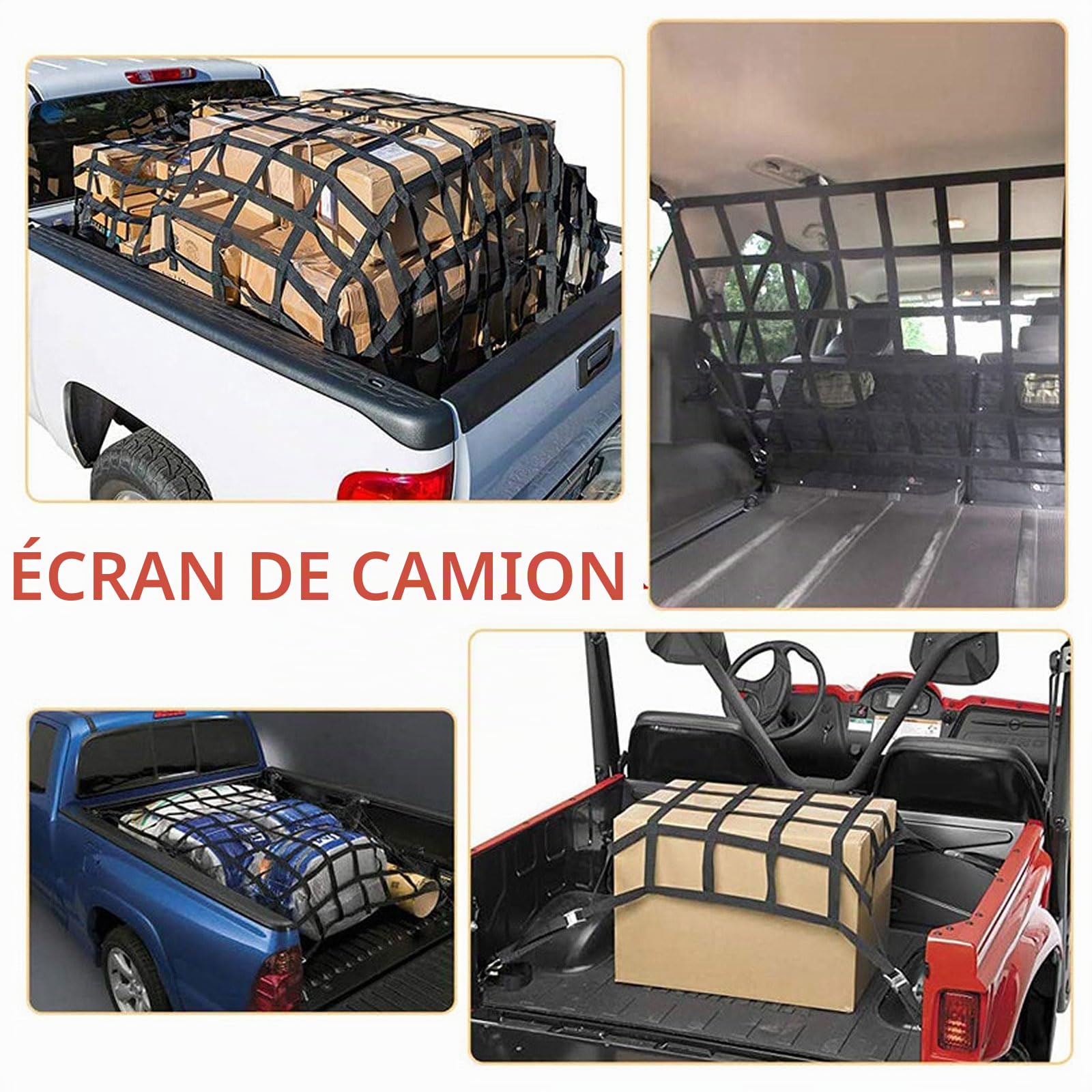 Filet de Rangement Voiture 127 x 106 cm Filet Toit/Ensemble de Clôture Arrière de Camion, Filet de Chargement Réglable, Filet de Levage de Ceinture de Sécurité, Filet de Remorque Lourd