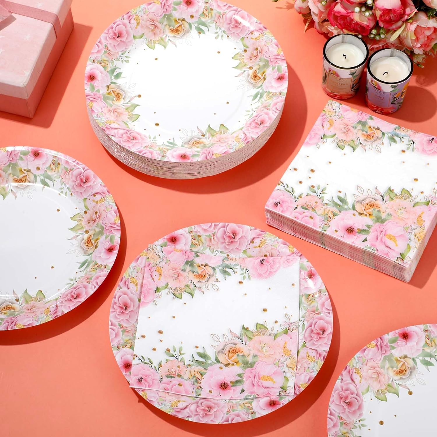 Umigy 100 Pcs Pink Floral Paper Plates and Napkins Set, Tea Party Disposable Tableware Party Supplies for Bridal, Baby Shower, Birthday, Mother's Day, Serves 50 - Image 2