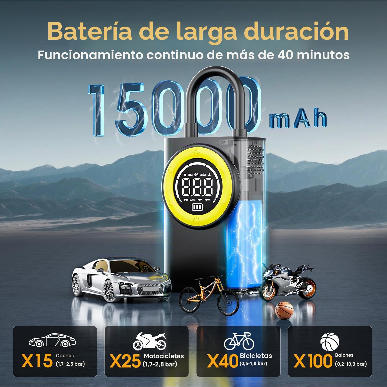 Compresor de aire portátil para neumáticos, bomba de aire inalámbrica de 150 PSI, inflador de neumáticos portátil con medidor de presión digital y luz LED