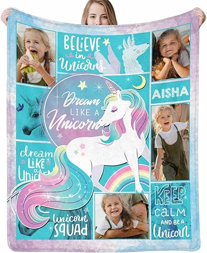 D-Story Manta de unicornio personalizada con foto y nombre para niñas, mantas personalizadas para niños pequeños y adultos, manta personalizada para
