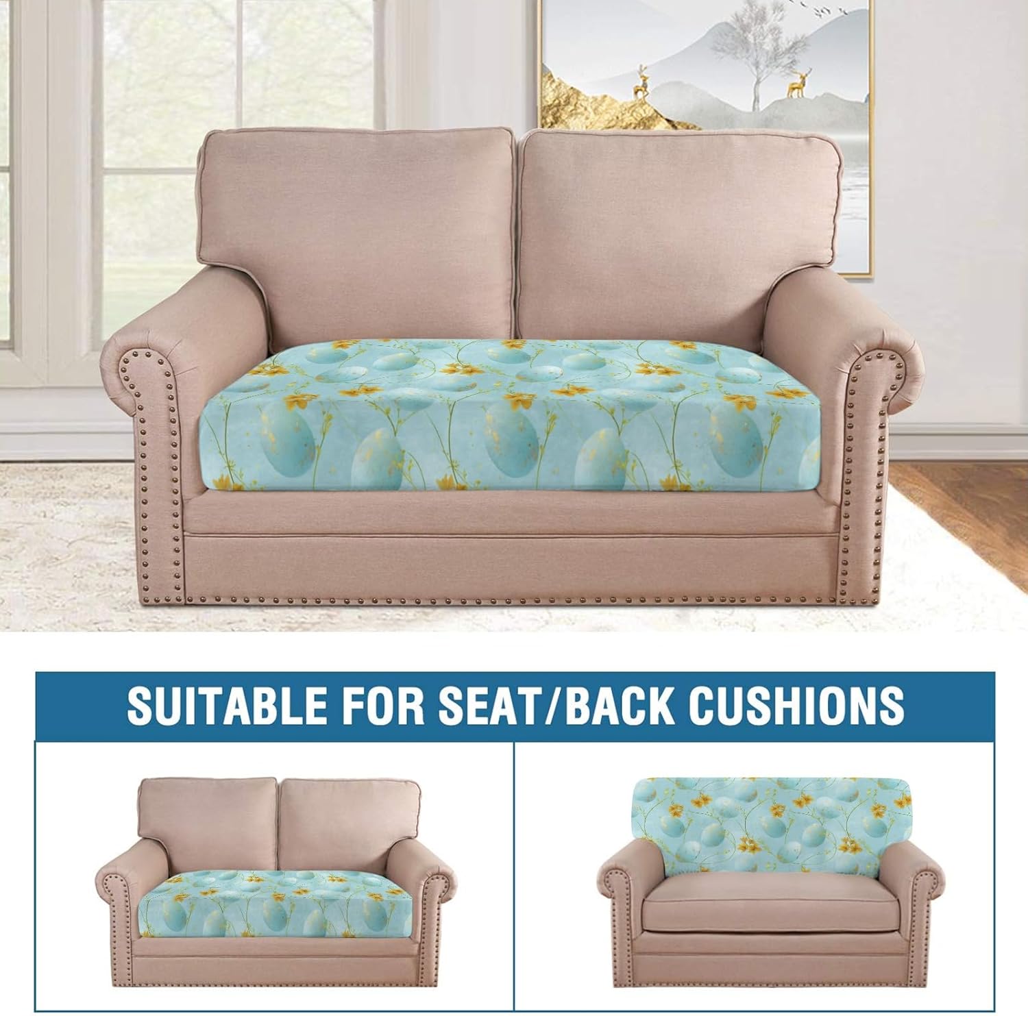Blue Daffodil Easter Egg Loveseat Covers Couch Covers for 2 Cushion Couch, 2-Piece Stretch Sofa Slipcovers Anti-Slip Washable Furniture Protectors for Dogs Pets