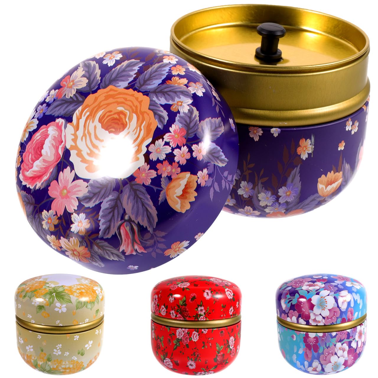 BESTYASH Contenitori in Latta in Stile Retrò Set 4 Pezzi con Coperchio Barattoli Decorativi Multiuso e Resistenti per Tè e Dolci per Decorazione Festiva