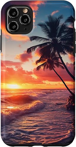 Funda para iPhone 11 Pro Max Palm Tree Sunset Tropical Boho Beach Estética Vacaciones