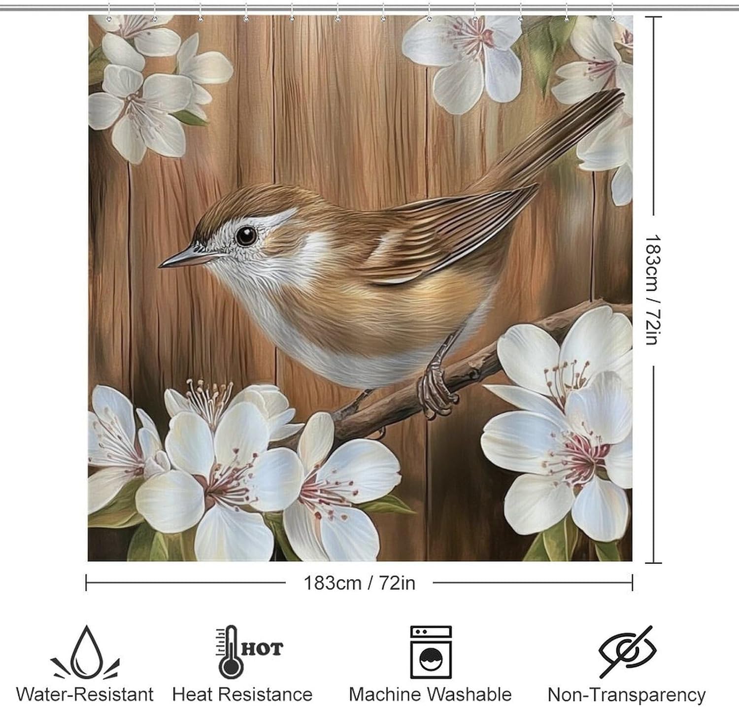 4Pcs Minimalist Branch Bird Shower Curtain Sets, White Flower Leaf Shower Curtains for Bathroom with Rugs, Toilet Lid Cover, Bath Mat, 72" x 72"