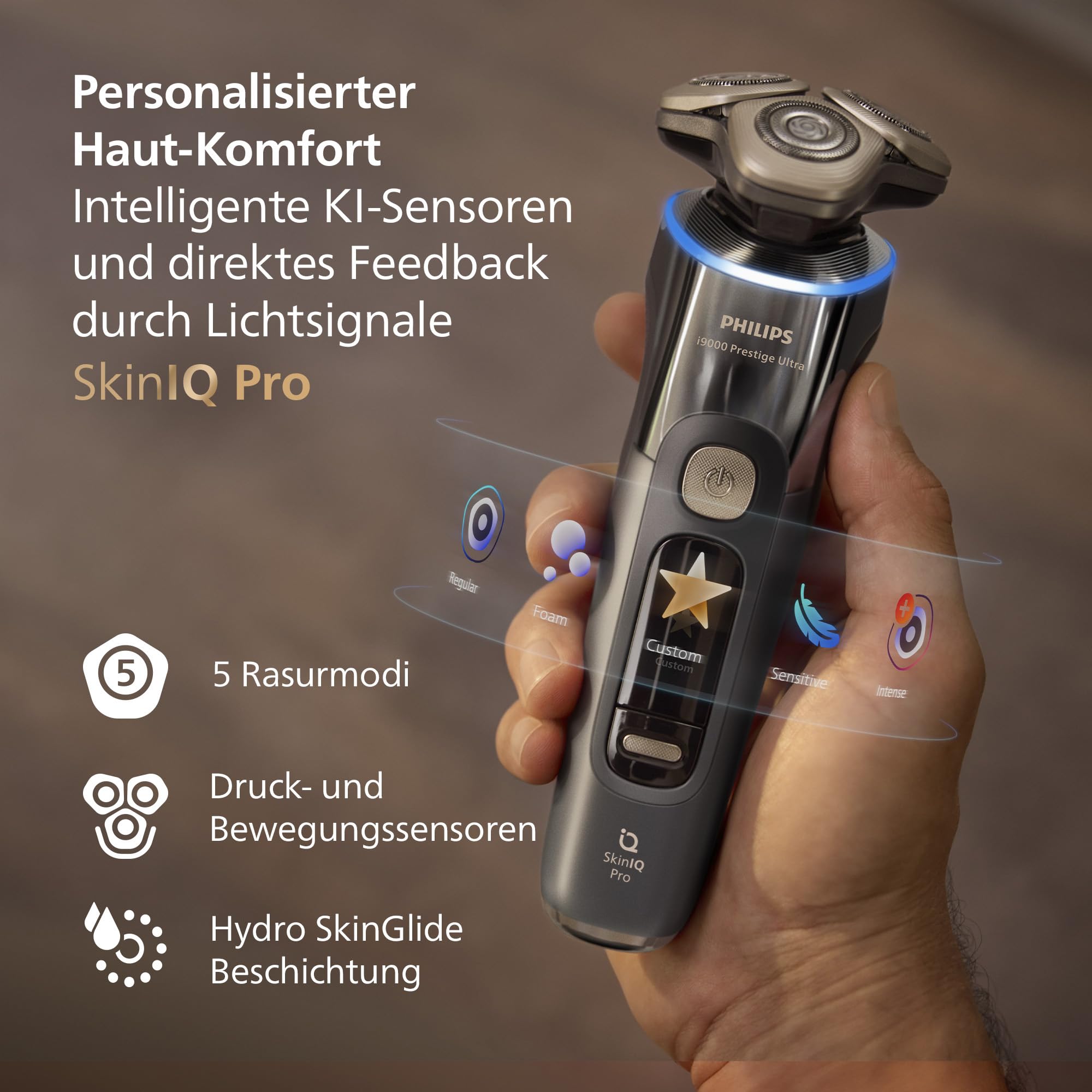 Philips Rasierer i9000 Prestige Ultra, elektrischer Nass- und Trockenrasierer für Herren, dunkelgrau, Druck- und Bewegungssensor, Trimmeraufsatz, Ladestation und Reiseetui (Modell XP9402/11)