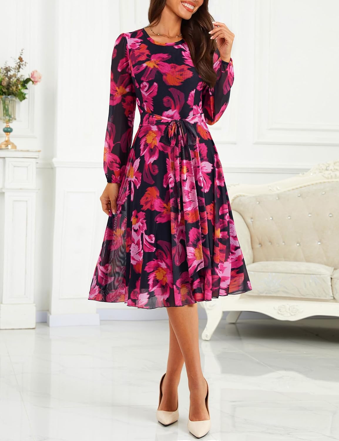 Zattcas Women's 2026 Spring Mesh Long Sleeve Floral Midi Dress Crew Neck A Line Flowy Cocktail Party Wedding Guest Dress - Image 3