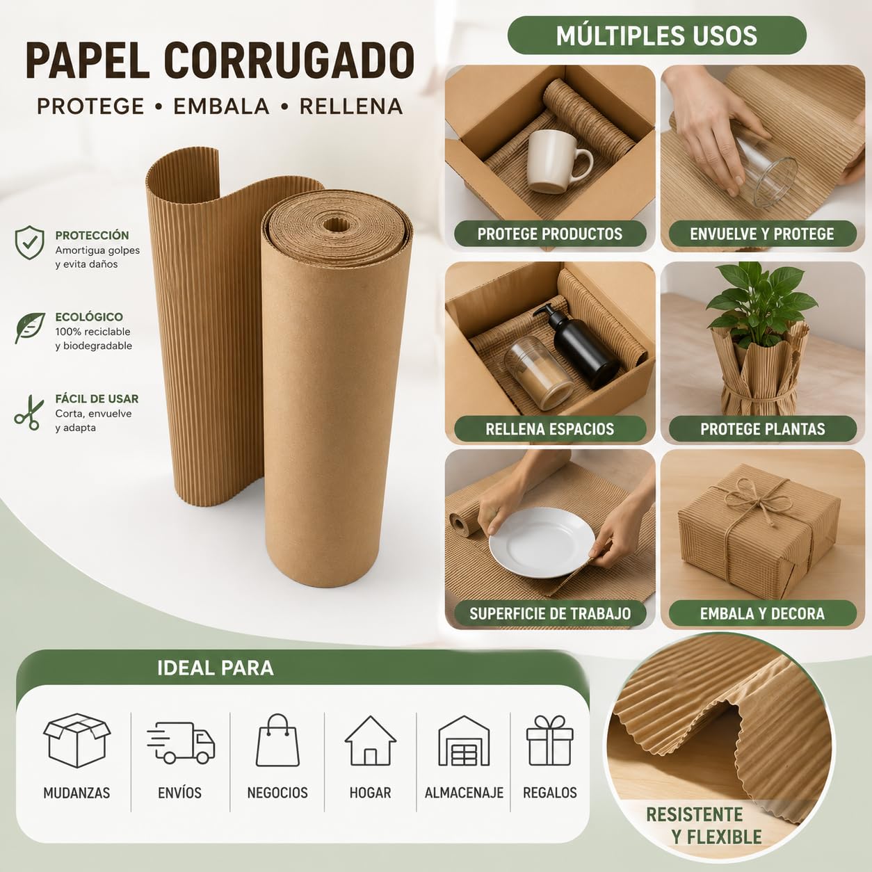 Bobina Cartón Ondulado - 25 Metros 90 cm Ancho | Rollo Cartón Ondulado 100% Reciclado para Embalaje y Protección | Acolchado Flexible de Cartón Kraft para Almacenes y Envíos