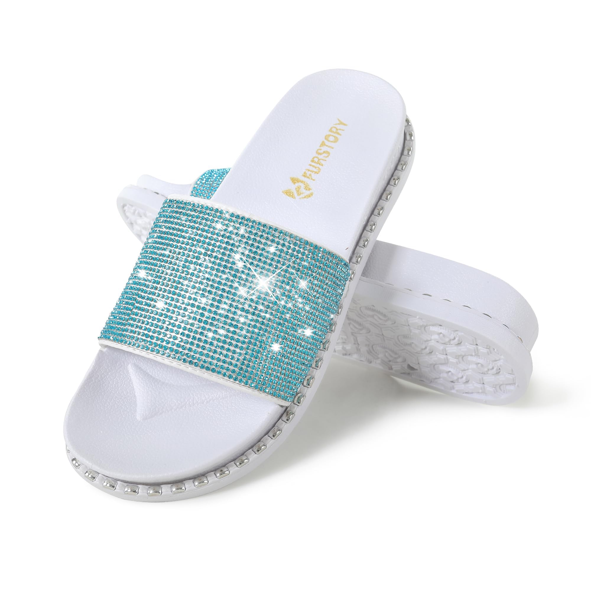 Fur Story Womens Slides House Slippers Rhinestone Glitter Slides Cute bling Flat for Women Platform Sandals Cozy Bedroom Slippers Shower Shoes