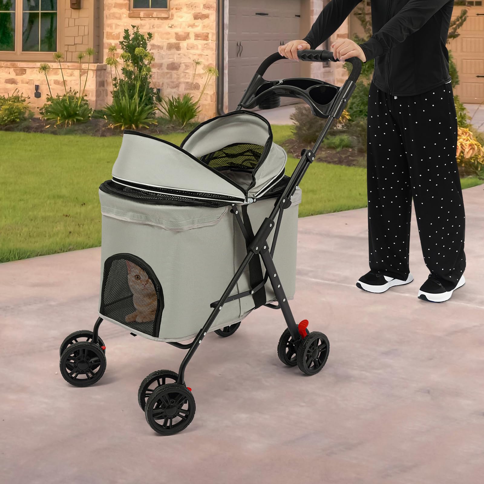 Passeggino pieghevole per animali domestici fino a 12,5 kg, 62 x 50 x 98 cm, cabina da 70 cm con tettuccio parasole, ruote anteriori a 360°, freni, finestra a rete e portabevande, per cani e gatti