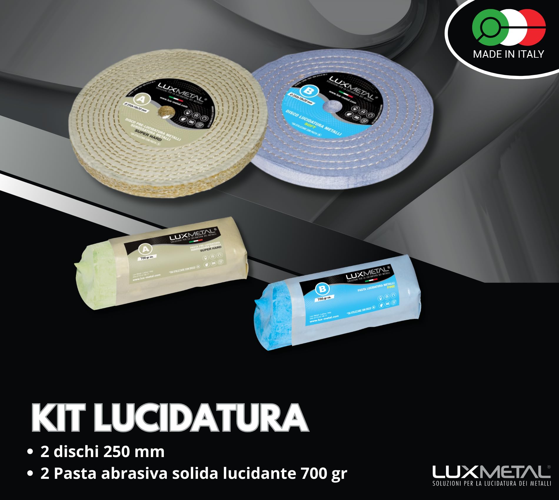 Lux Metal - Kit 2 Disco Lucidante 250 mm e 2 Pasta Abrasiva Lucidante 700 gr - Per Alluminio, Ferro, Acciaio Inox, Bronzo, Marmo - Ruota Lucidatura Metalli Mola Smerigliatrice Feltro