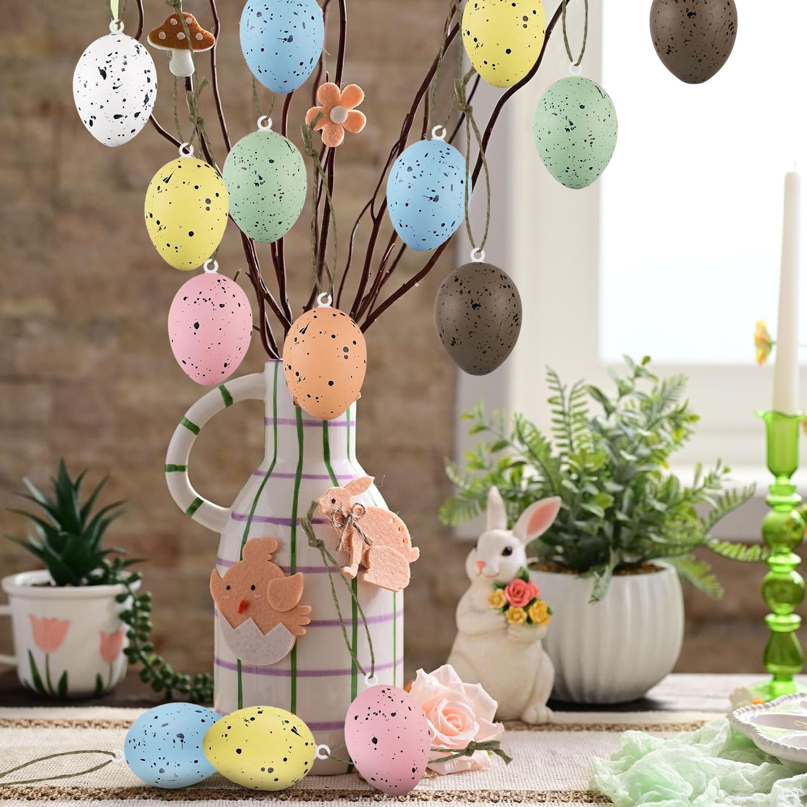 LETSHOLD 21 STK Ostereier zum Aufhängen, Ostereier Deko, Ostereier aus Kunststoff, Bunte Plastik Ostereier mit Schnur, Deko Eier Ostern, Ostereier Draußen für Ostern Dekoration, 6x4 cm (A)