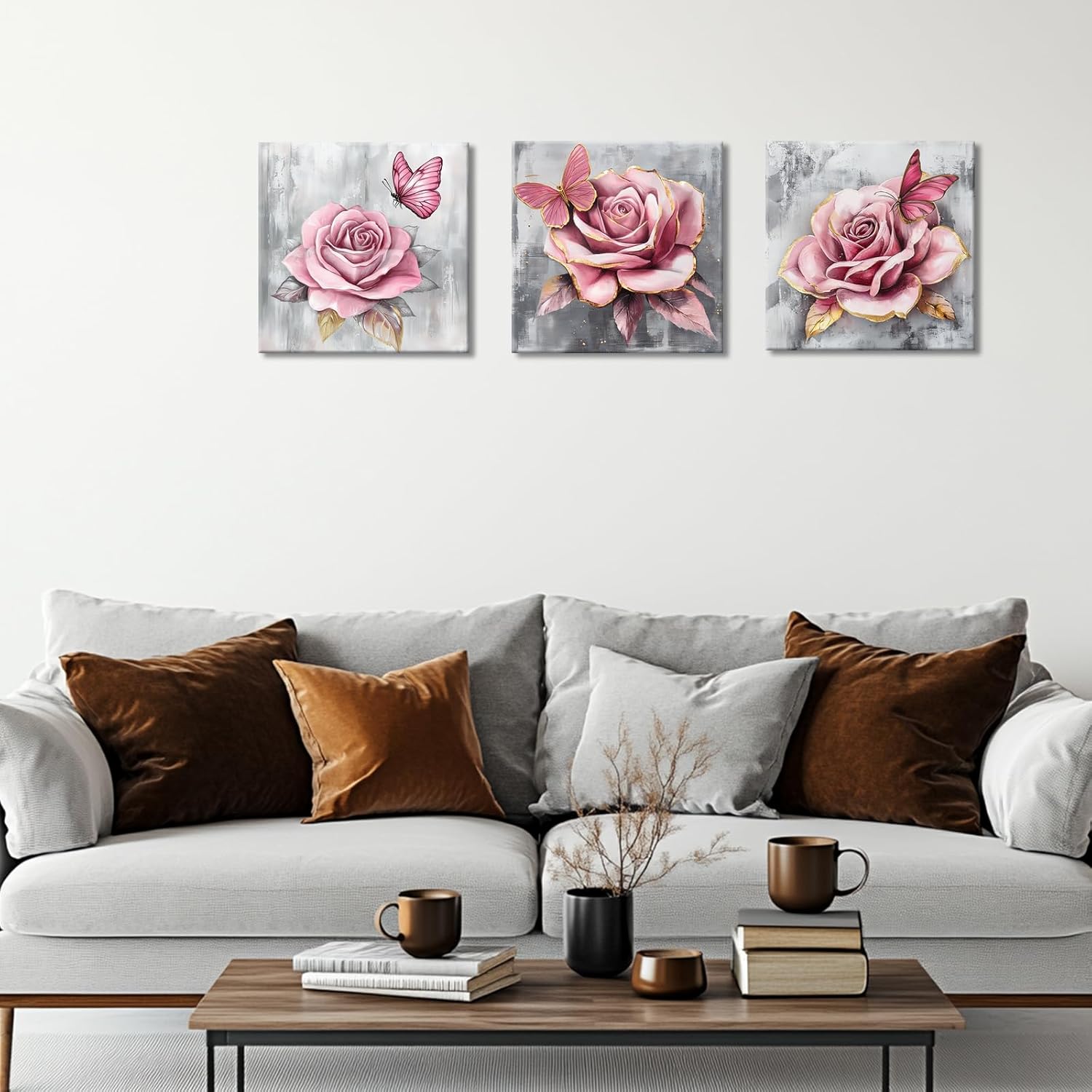 GLOKAKA Set fo 3 Pink Rose Flower Wall Art Floral with Butterfly Canvas Print Painting Gold and Pink Bathroom Living Room Bedroom Decor Artwork Ready to Hang