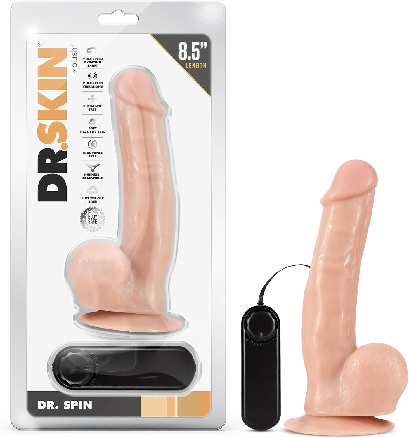Blush Dr. Skin Dr. Spin 8.5" G-Spot Vibrating Dildo - RC Gyrating Shaft Cock - Suction Cup Harness Ready Adult Sex Toy - Realistic Penis for Women Men Couples Pegging Play, Waterproof, Body-Safe PVC