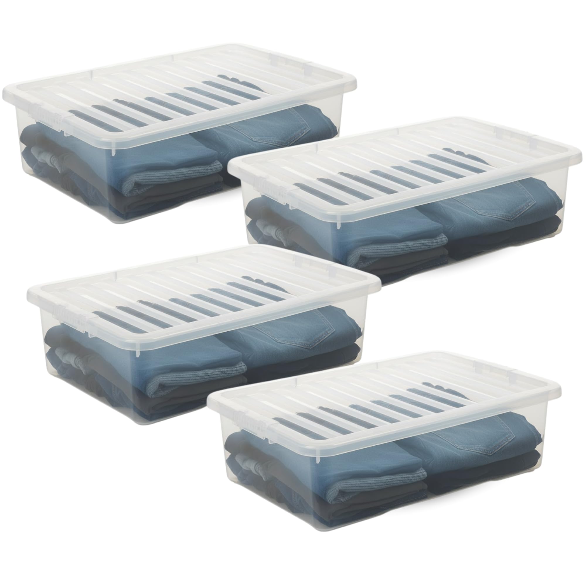 SIDSONS - 4x 32L Clear Plastic Underbed Storage Box with Lid - Space-Saving Nestable & Stackable Multi-Purpose Storage Boxes - Transparent Duvets & Clothes Organizer - Flat Storage Box with Clear Lid