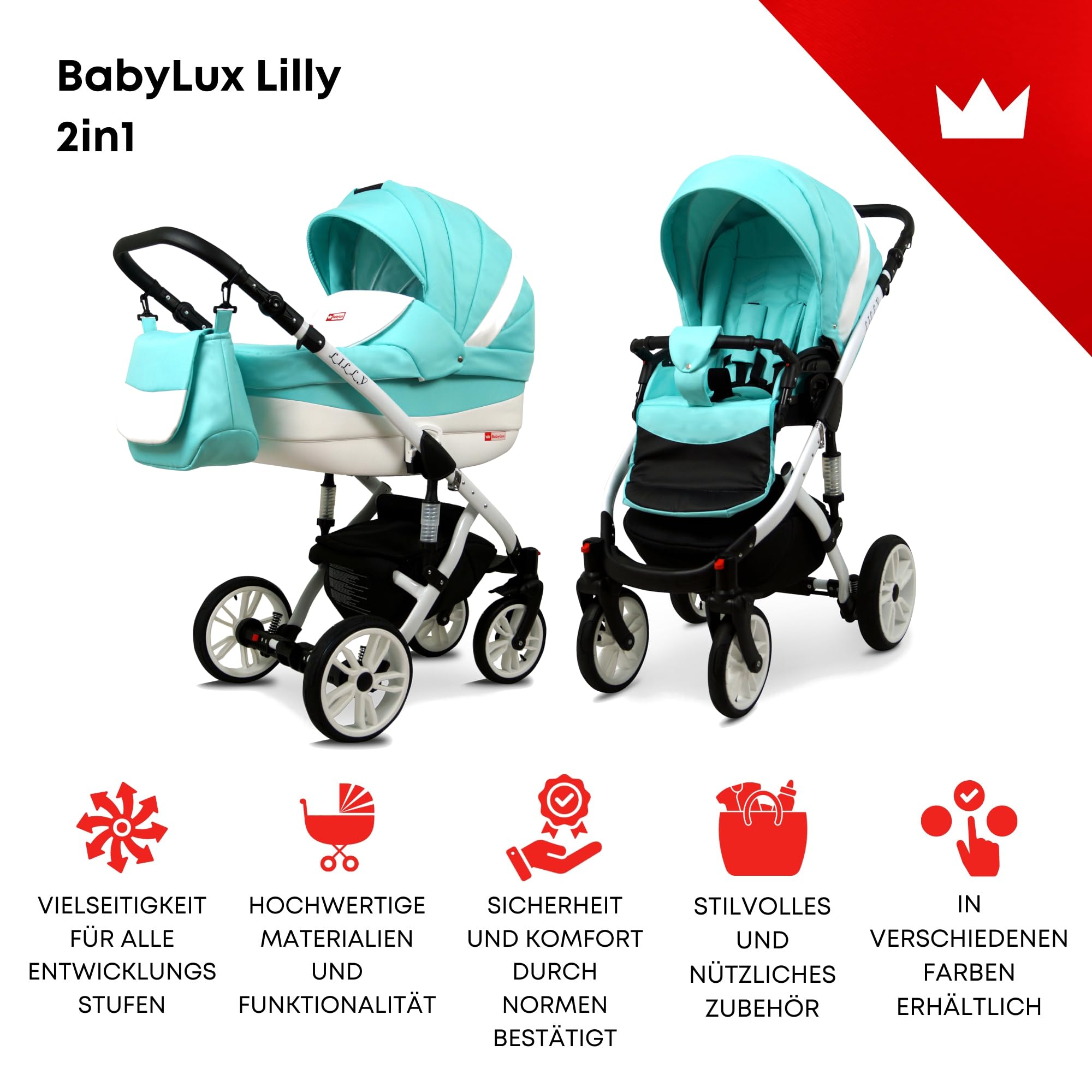 BabyLux® Bambini Passeggino Completo Set 2 in 1 - Lilly - incl. Navicella, Canna - Carrozzina Neonati Sistema Combinato - Borsa fasciatoio, Copertura antipioggia, Zanzariera ecc.