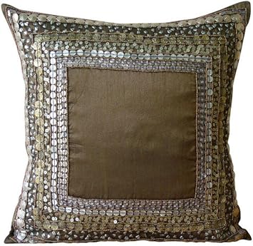 The HomeCentric Custom Pillow Case, Brown Pillows Cover, Bordered Throw Pillows Cover, 12x12 inch 30x30 cm Pillow Covers, Art Silk Square Pillowcases, 3D Sequins Throw, Traditional - Ethnic Origins