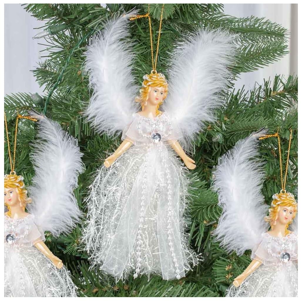 Group of 6 Sparkling Victorian Angel Ornaments with Resin Face and Hands and Feathery Wings