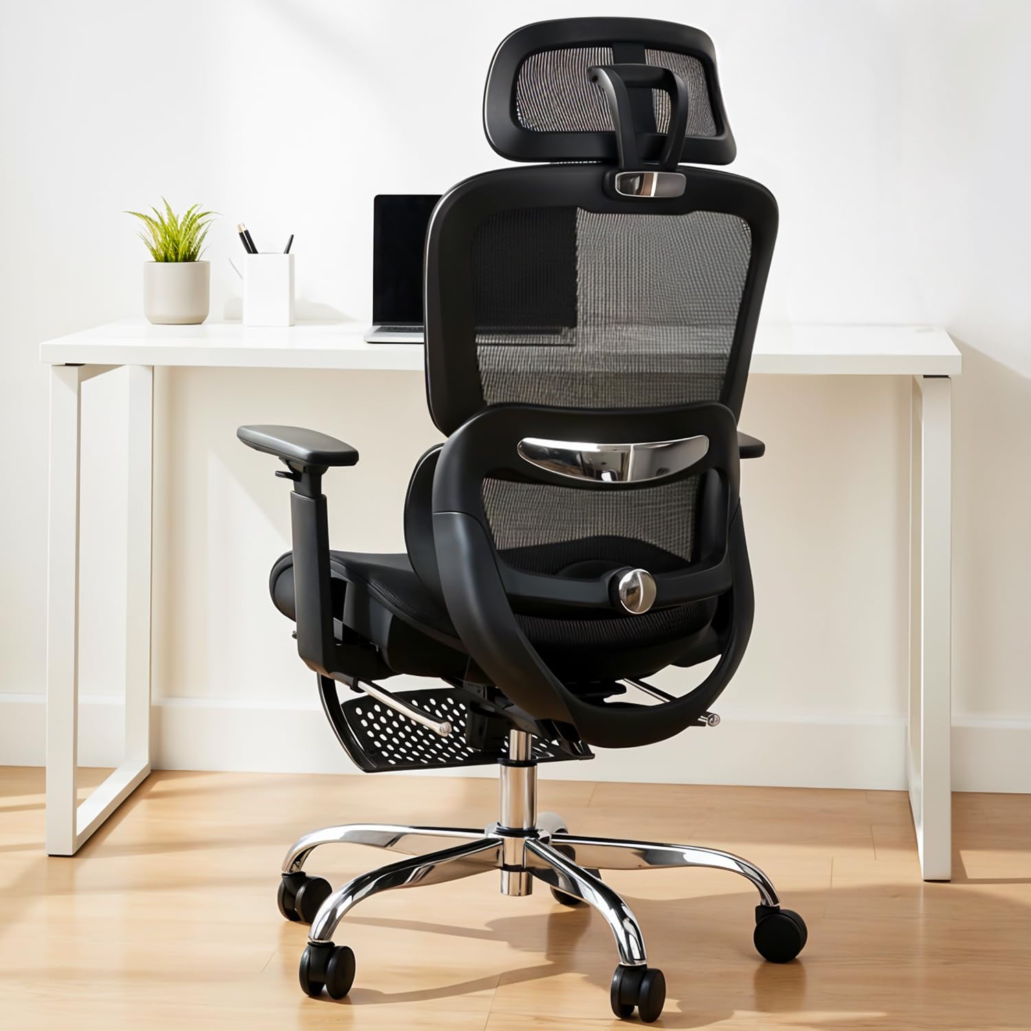 Ergonomic Office Chair for Work from Home, Computer Chair with Breathable Mesh, Adjustable Seat, Footrest, 3D Armrest, 2D Headrest & Lumbar Support | Mesh Chair for Office/Home (Black)