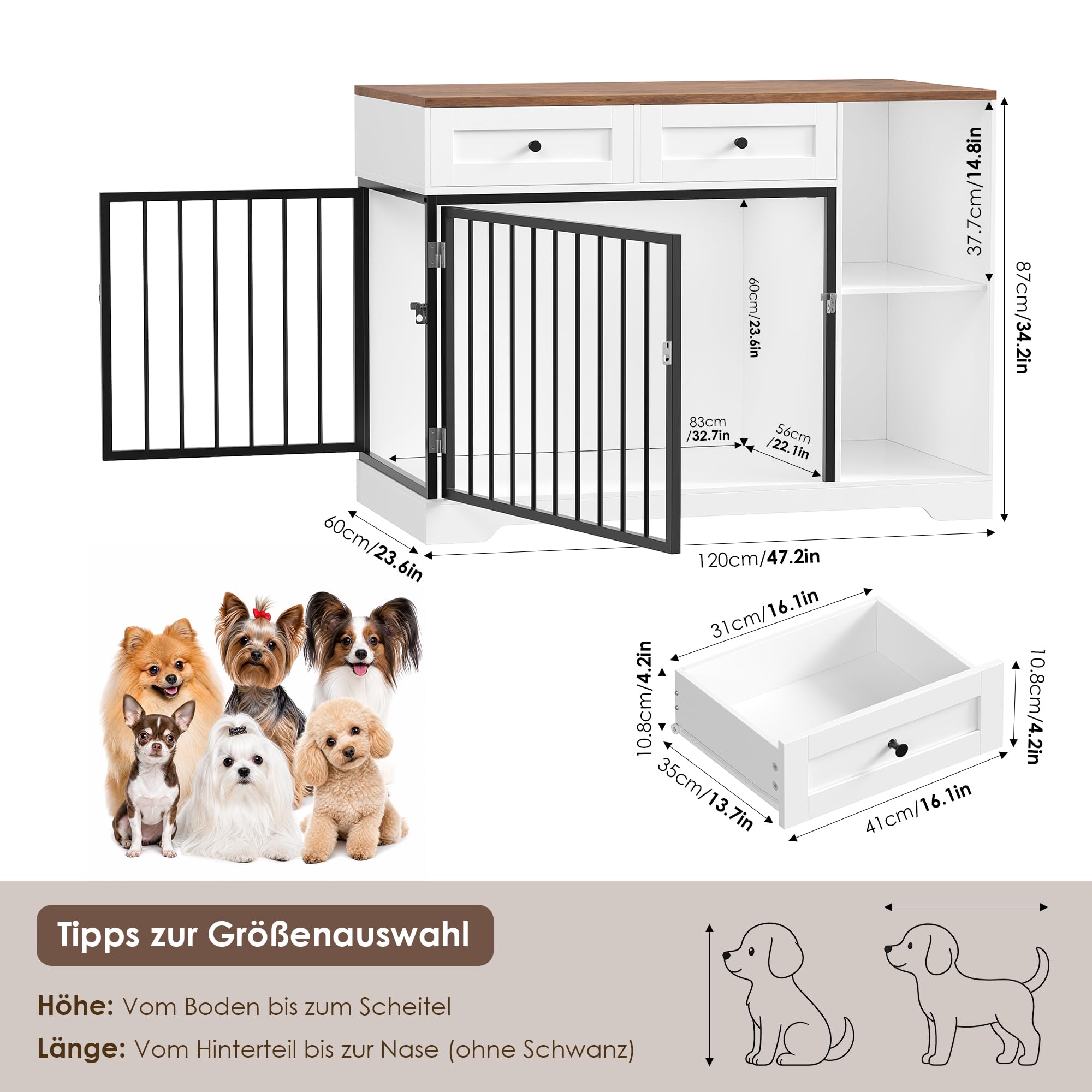 FirFurd Hundebox für kleine Hunde Hundekäfig Möbel mit Schubladen & 2 Türen | Hundebox für Zuhause, Hundekäfig aus Metall und Holz, Hundehütte Indoor, Hundehaus, Tierhaus, 120x87x60cm, Weiß & Braun