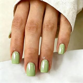 KQueenest Chrome Hell Grün Press on Nails Kurz Eckig, Glänzend Glitzer Nägel zum Aufkleben Kurz, Glasiert Niedlich Fake Nails mit Sparkle Spiegel Design, Natürlich Künstliche Nägel 30 Stück