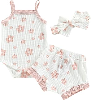 Baby Girl Summer Casual Rompers Set Floral Spaghetti Strap Sleeveless Jumpsuit + Ruffle Shorts + Headband