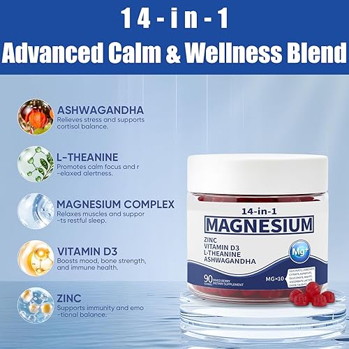 Miniatura 4 de Gomitas de magnesio YouthRestore 14 en 1 con Ashwagandha, L-teanina, D3 y zinc, suplementos de cortisol para mujeres, gomitas veganas sin azúcar con
