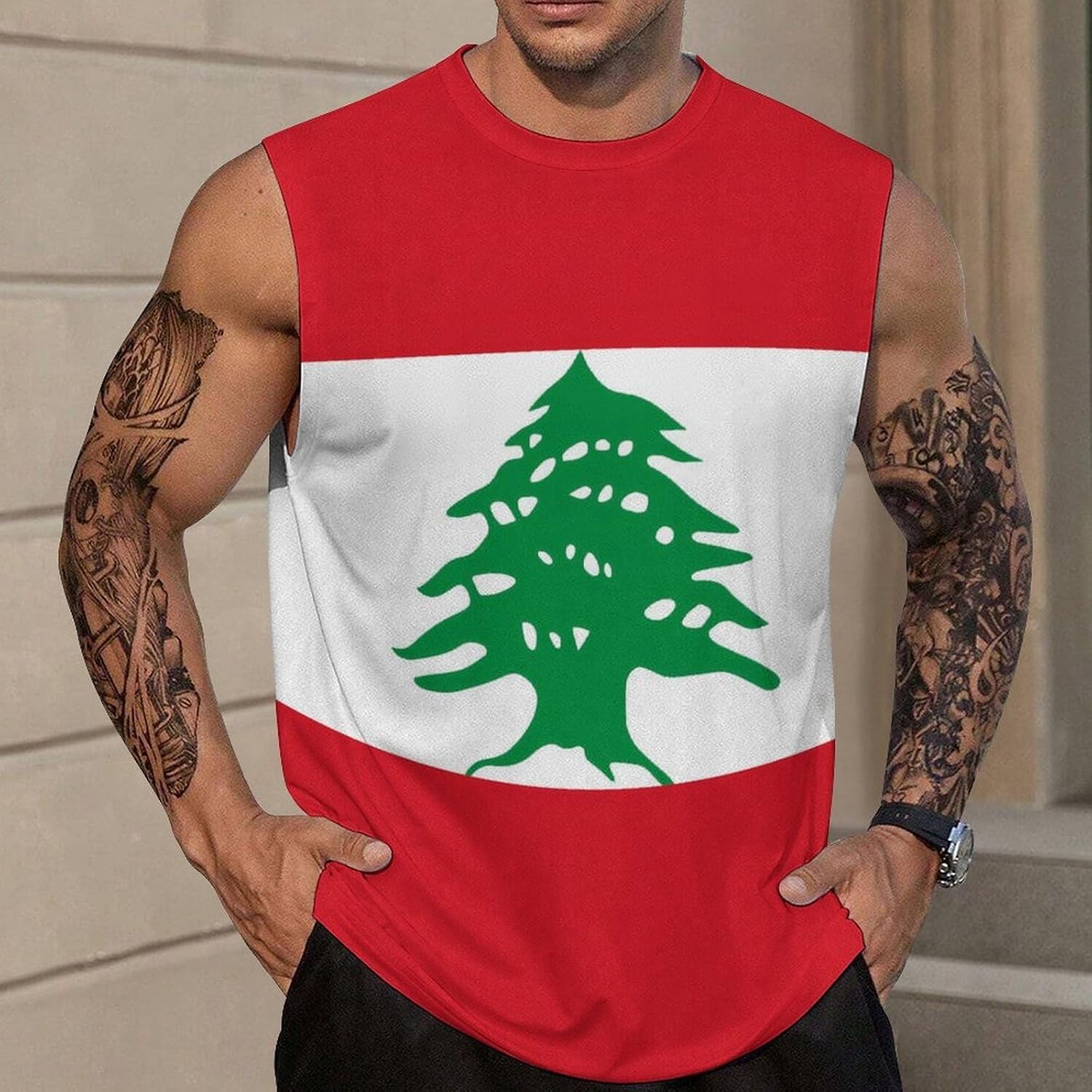 Lebanon Flag Men Summer Sleeveless Crew Neck Top 5XL