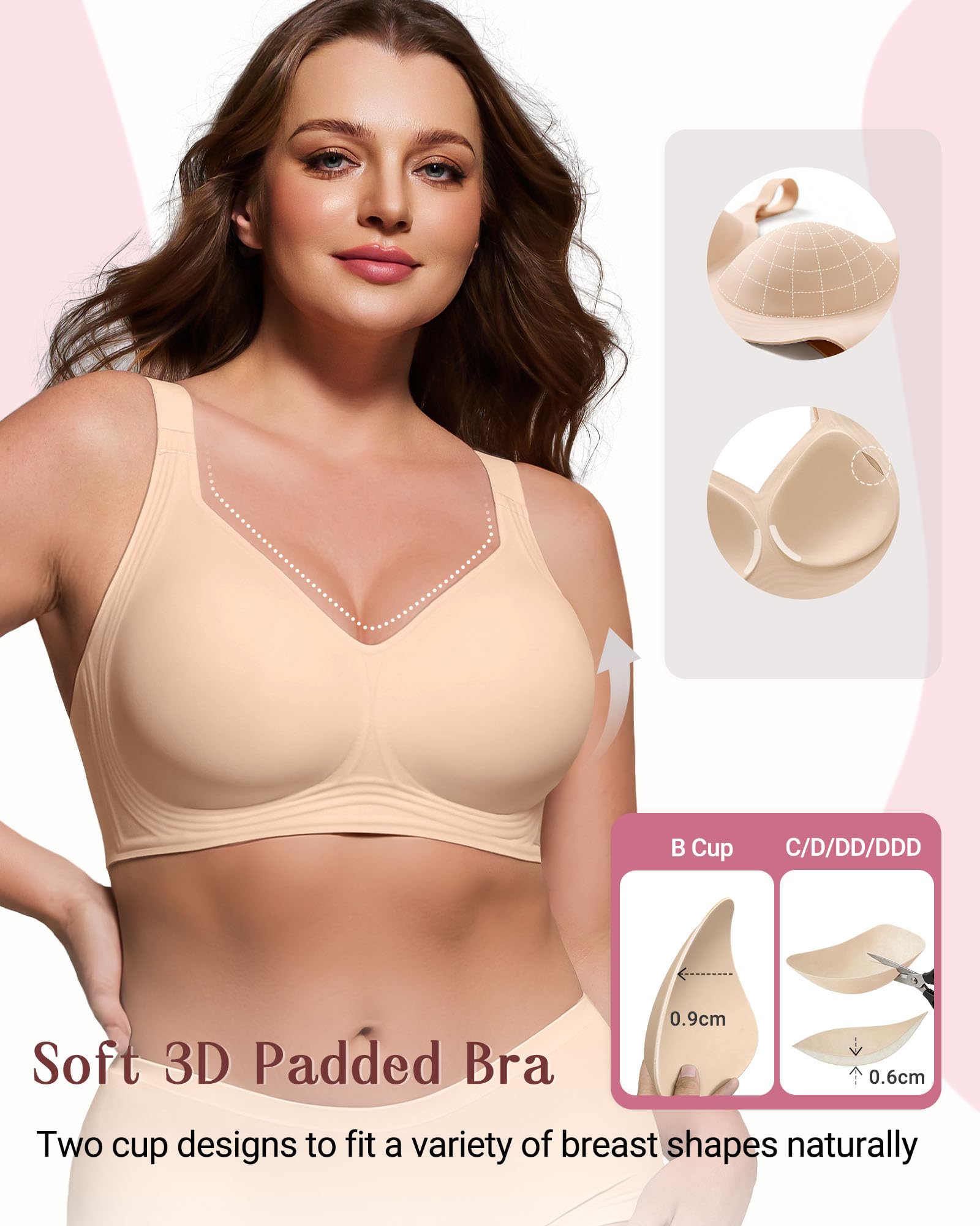 The As Fairy Full Coverage Wireless Bra emphasizes seamless comfort and support for plus-size wearers.