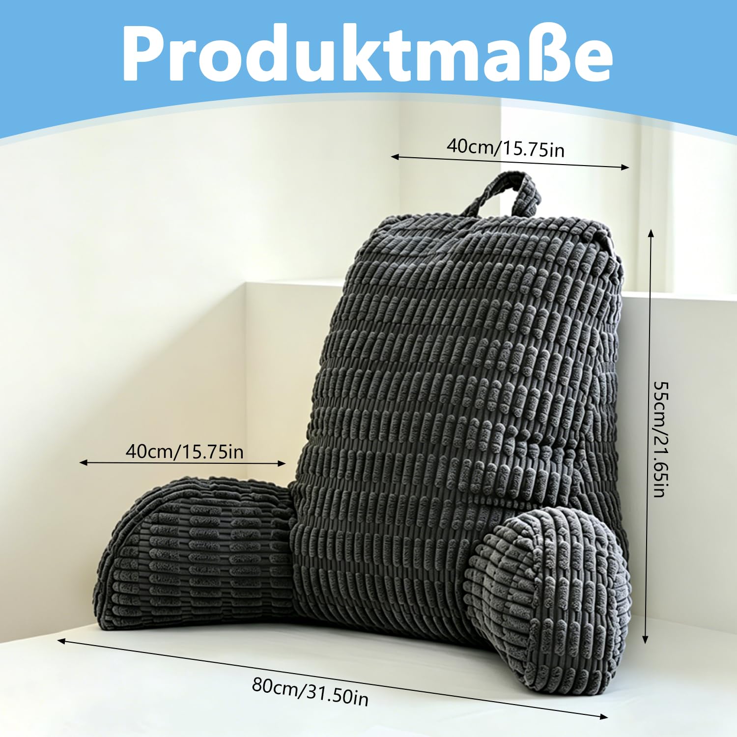 Cojín de lectura para cama y sofá, cojín lumbar lavable con reposabrazos lateral y bolsa de almacenamiento, cojín ergonómico y cómodo para TV, lectura y juegos móviles (80 x 55 cm, gris