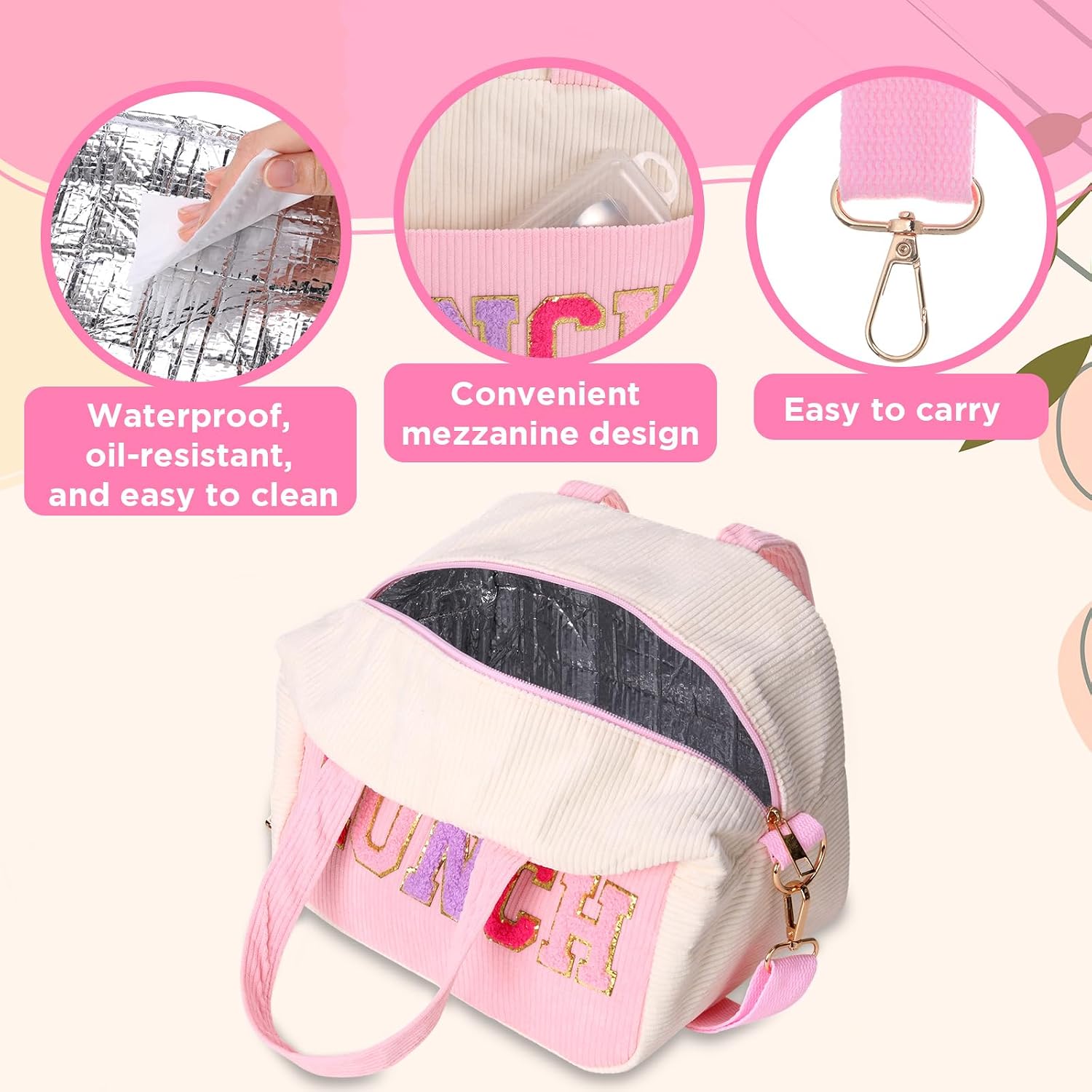 Hillban 2 Pcs Lunch Bag for Women, Insulated Personalized Lunch Box for Adults with Adjustable Strap, Reusable Cooler Tote for Office Work Picnic Beach(Pink)