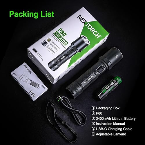 Miniatura 9 de Linterna recargable NEXTORCH P80 de alto lúmenes, linterna táctica LED de 2100 lúmenes con 5 modos y luz estroboscópica y rompecristales de vidrio