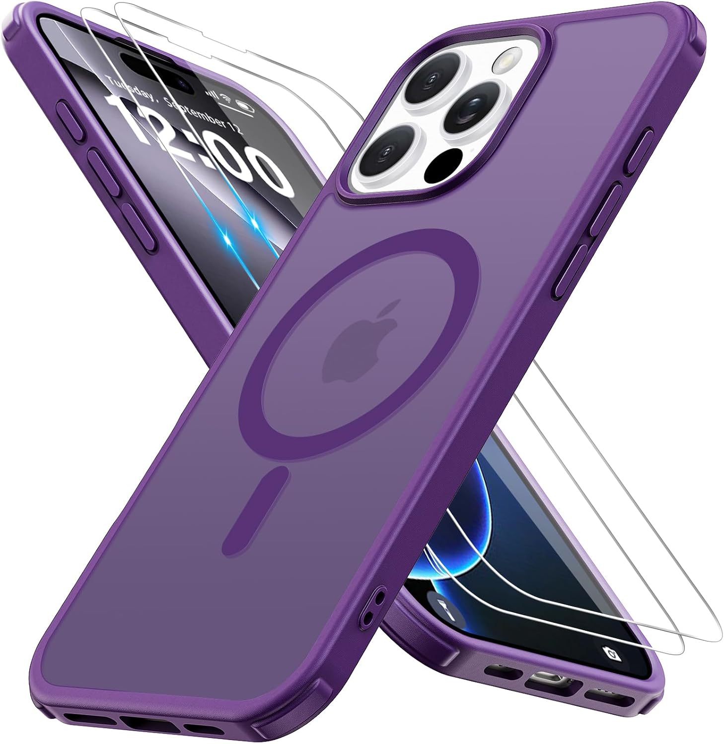 Magnetic for iPhone 16 Pro Max Case, Compatible with MagSafe with 2X Screen Protectors, Military-Grade Slim Shockproof Phone Case Translucent Matte Anti-Fingerprint Anti-Scratch,6.9-Inch,Purple