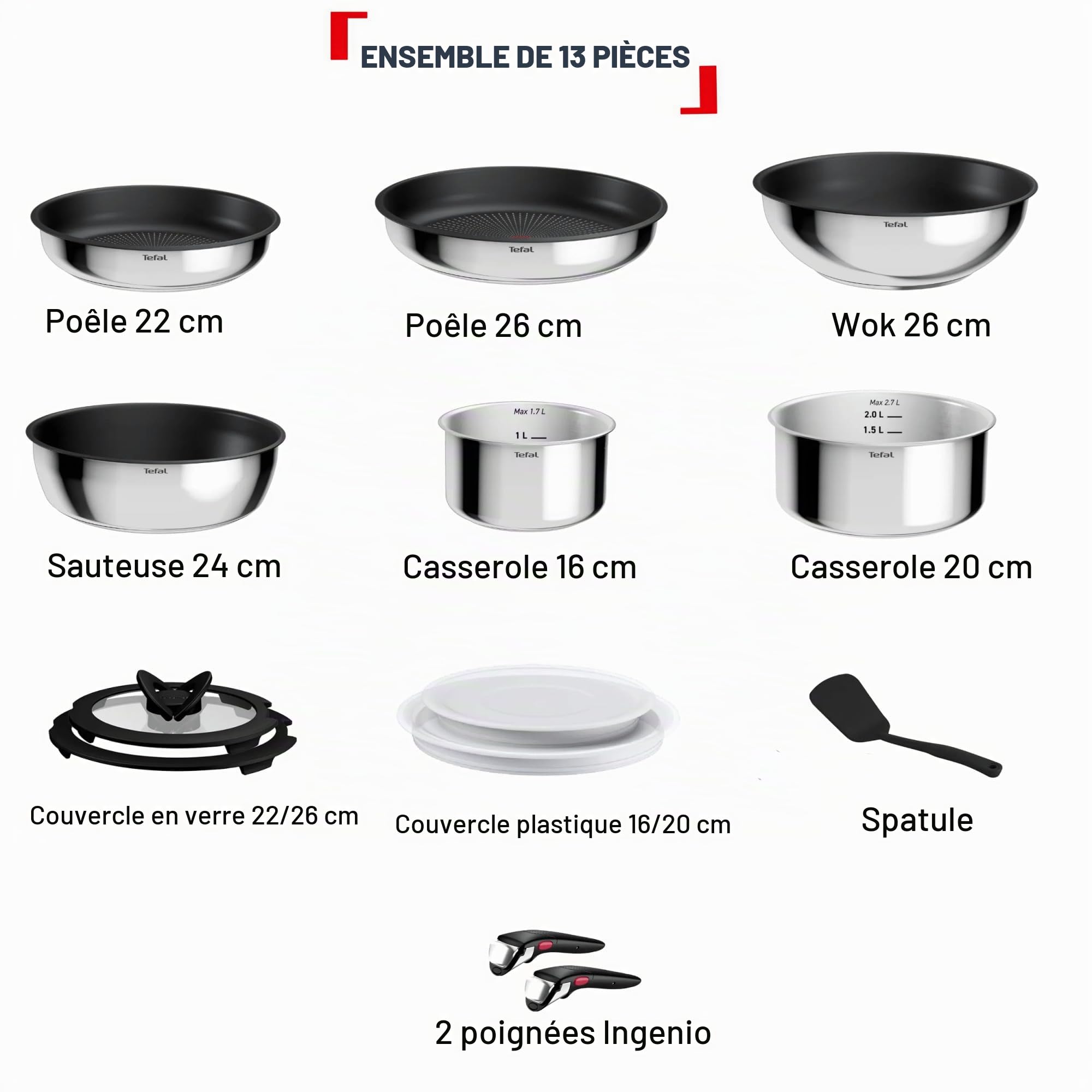 Tefal Comfort Max, Batterie de cuisine 13 pièces, Poêles et casseroles empilables, Design compact, Poignée amovible, L966SC44
