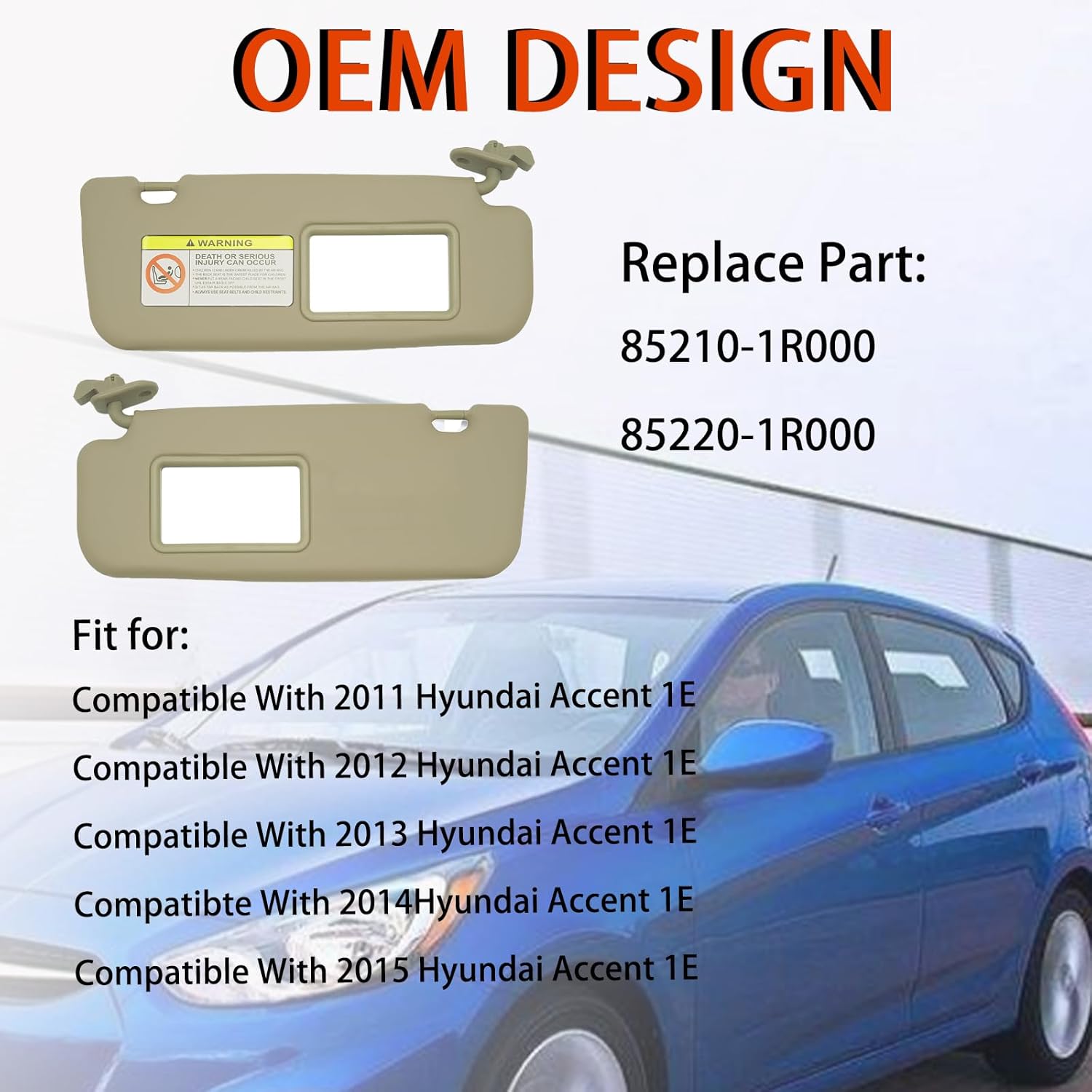 Left Driver Side Sun Visor with Makeup Mirror for Hyundai Accent 1E 2011 2012 2013 2014 2015 for Hyundai Accent Sun Visor 2013 2012 2011-2015 Beige OE: 85210-1R000 Front Left Sun Protection Shade