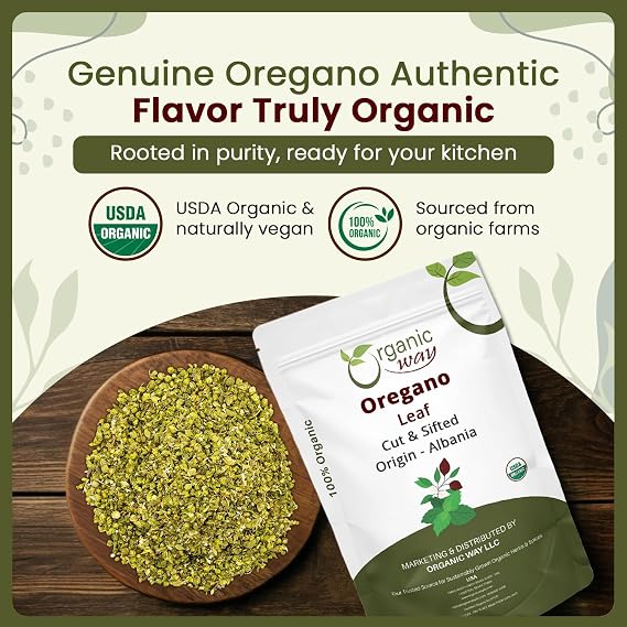 Organic Way Dried Oregano Leaf Cut & Sifted - Origin - Albania (2 Ounce) | Origanum vulgare botanical herb, USDA Organic and Kosher Certified; raw, vegan, Non-GMO, and gluten-free.