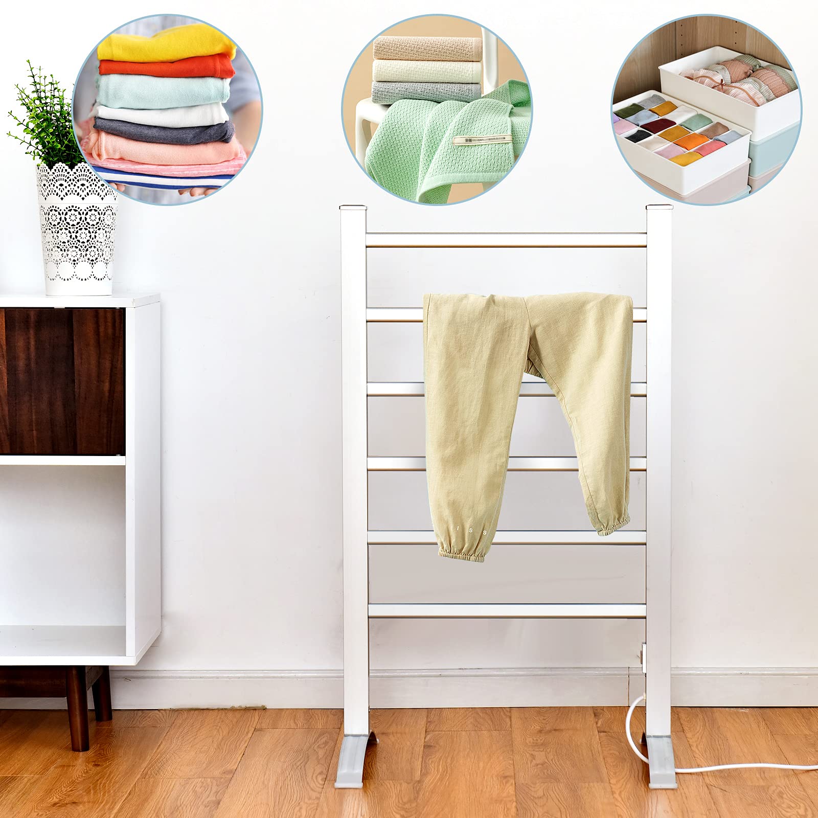 COSTWAY Portasciugamani Multifunzionale Elettrico 2 in 1 | Portasciugamani Elettrico per Vestiti e Asciugamani 100 W, con 6 Sbarre, Struttura in Alluminio, Portasciugamani per Bagno
