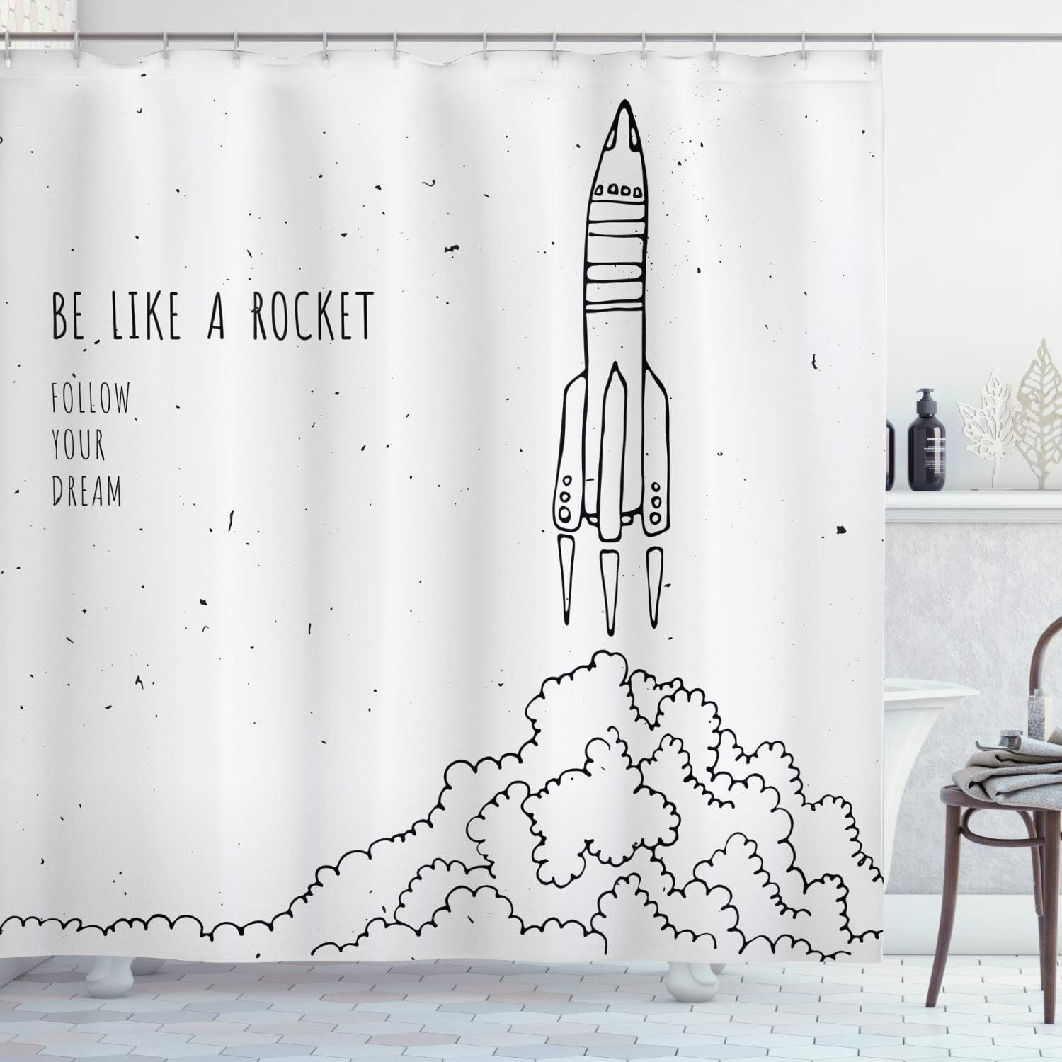 Ambesonne Dream Shower Curtain, Words for Dream and Space Lovers Be Like Rocket Follow Your Dreams Art, Cloth Fabric Bathroom Decor Set with Hooks, 69" W x 84" L, White and Black