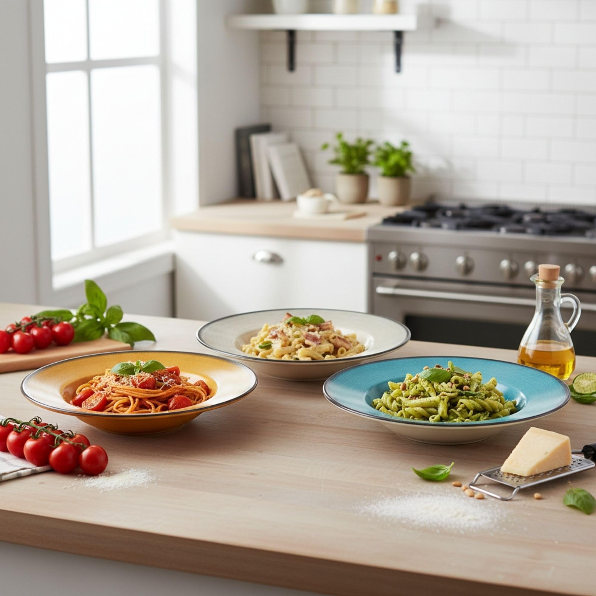 SANTA CLARA | Set de 6 Platos Hondos para Pasta 28 cm Cerámica Stoneware Piamonte, Vajilla para Hogar y Cocina, Ideal para Raciones Generosas, Apto Microondas y Lavavajillas, Resistente