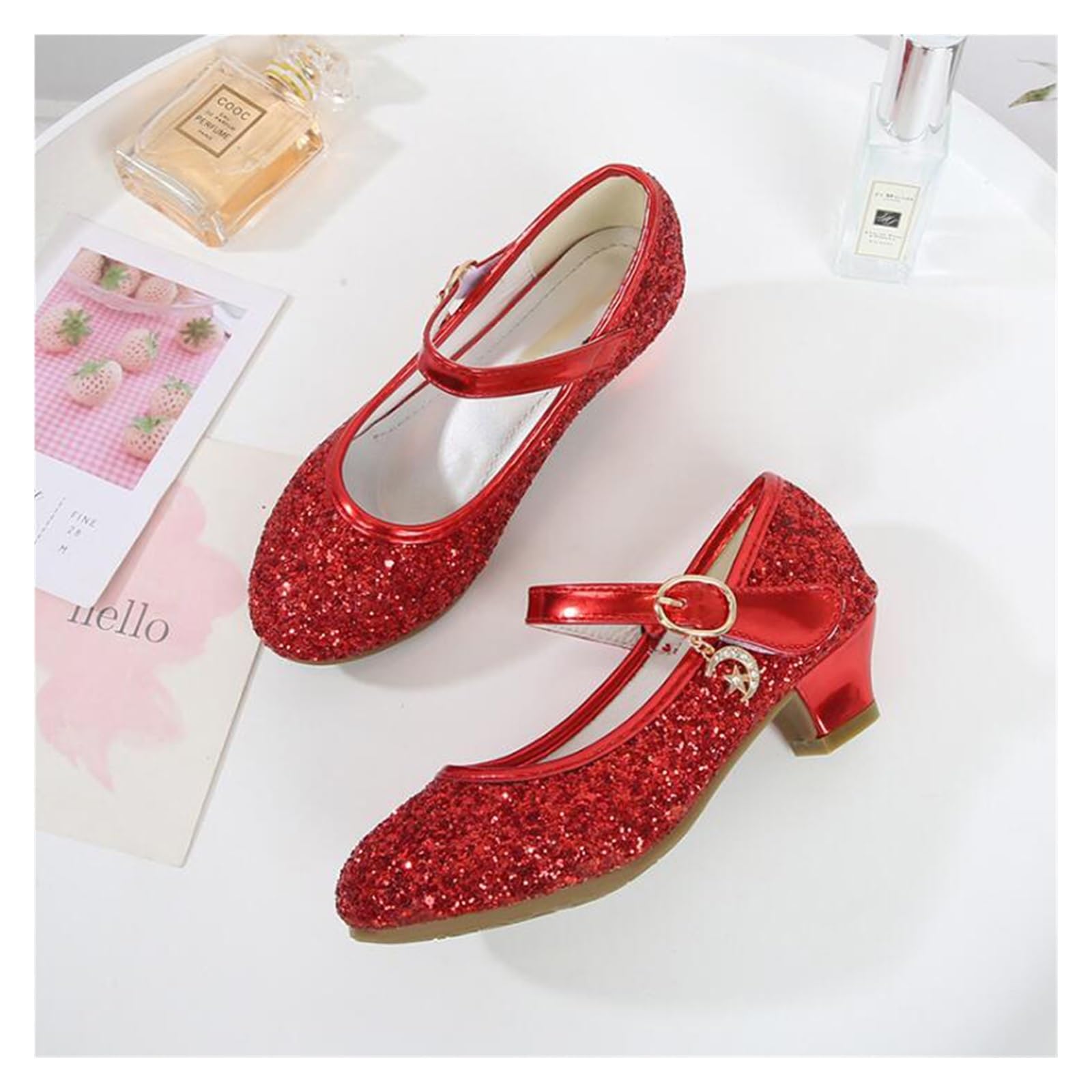 Scarpa Da Ballo Per Bambini Con Glitter Scarpe da ragazza in pelle con tacco alto for bambini Scarpe da principessa in pelle da sposa for ragazze Scarpe da ballo for studenti con paillettes rosse Sand