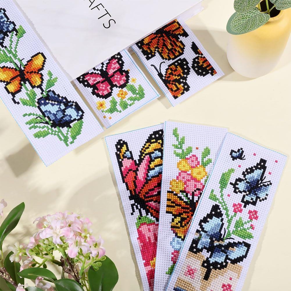 ORIGACH 6 Pcs Cross Stitch Bookmark Kit for Beginner Adults, Butterflies and Flowers Stamped Embroidery Bookmark Kit with Instruction for Starters Printed Cross Stitch DIY Kits for Book Lovers