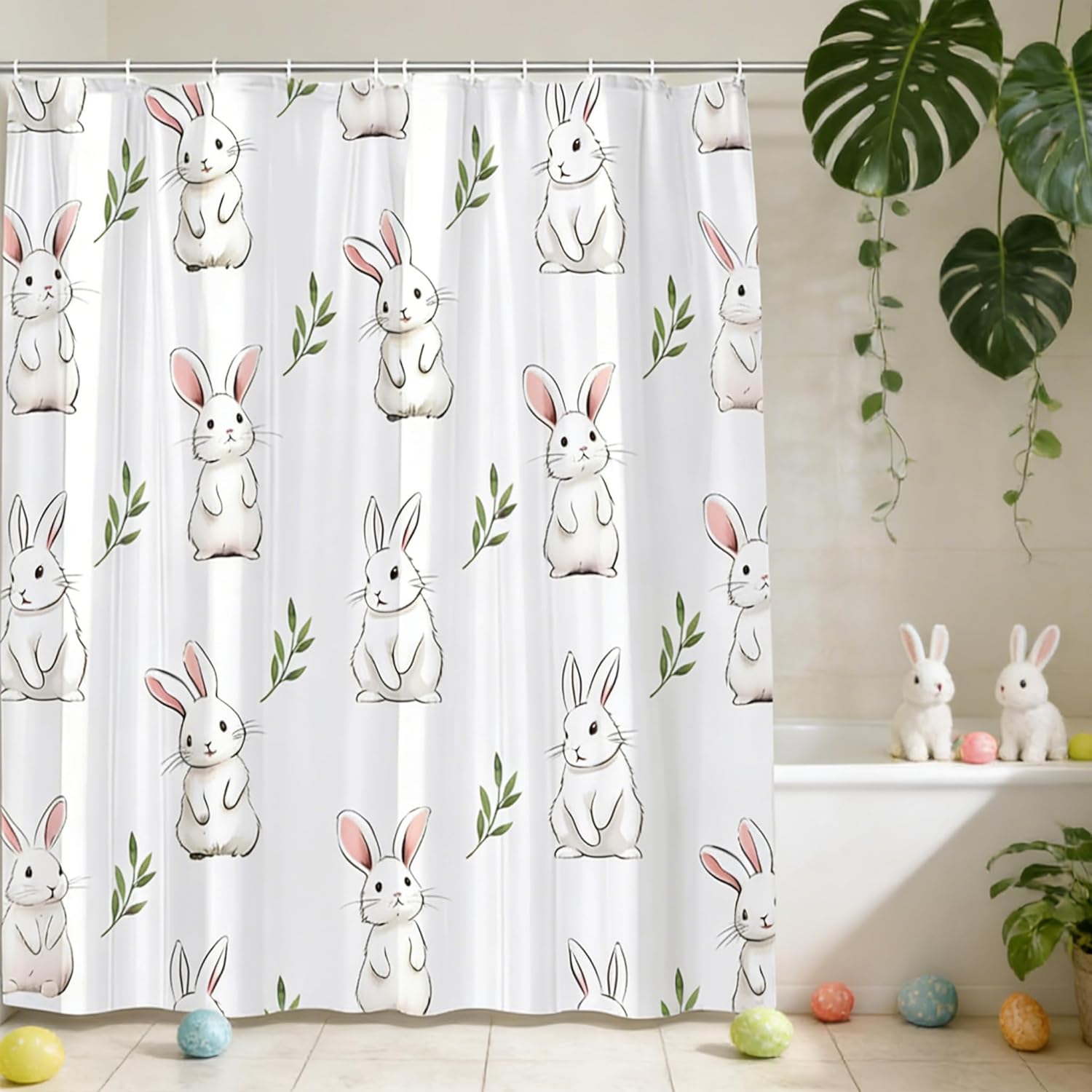 Rabbit Shower Curtain for Bathroom Easter Bunny Farm Cartoon Animals Rustic Spring Plants Green Leaves Cute Wildlife Bathroom Decor Curtains 94x70 inch with Hook