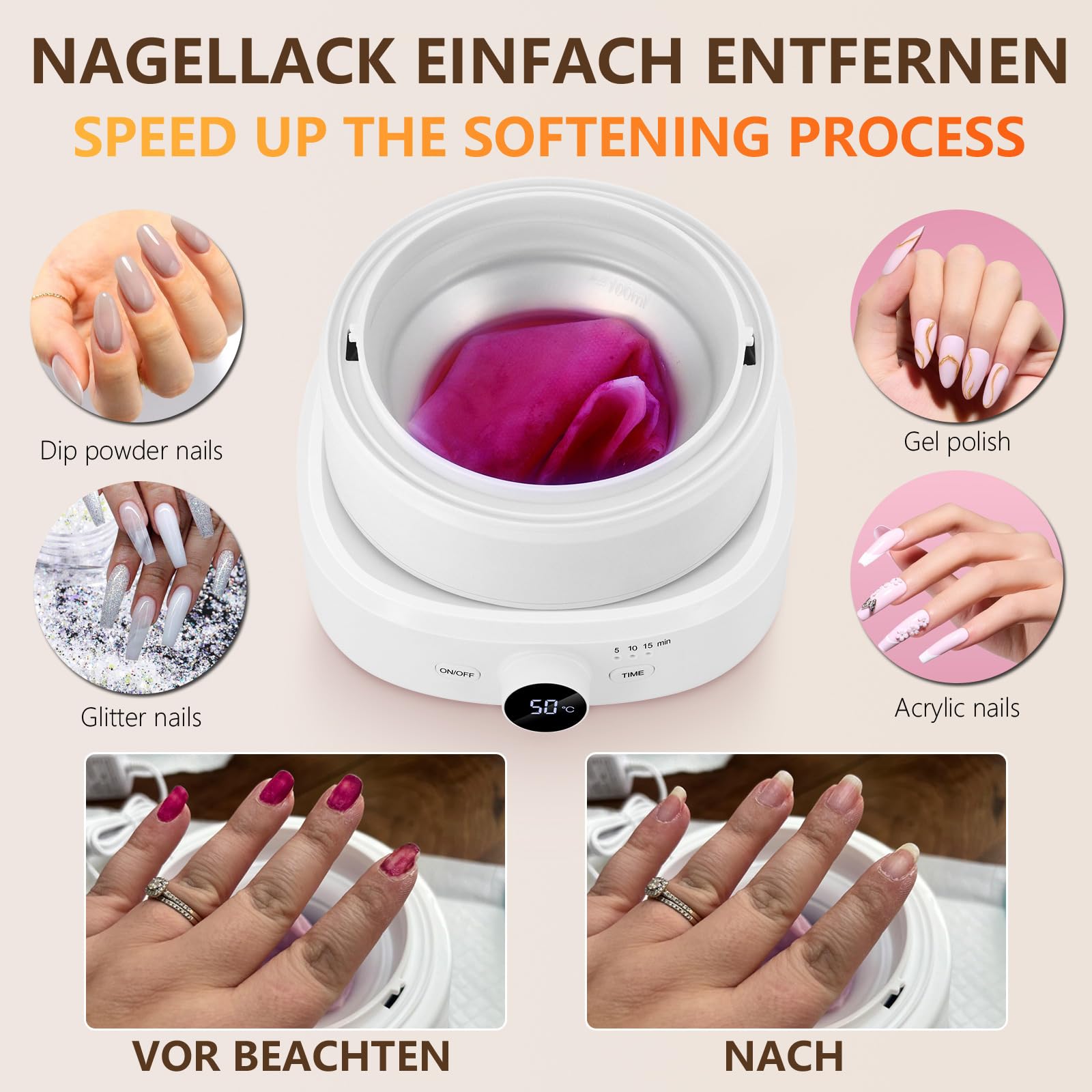 Removedor eléctrico de esmalte de uña con temperatura ajustable, cuenco eléctrico para manos blandas, elimina esmalte, compatible con gel y acrílico