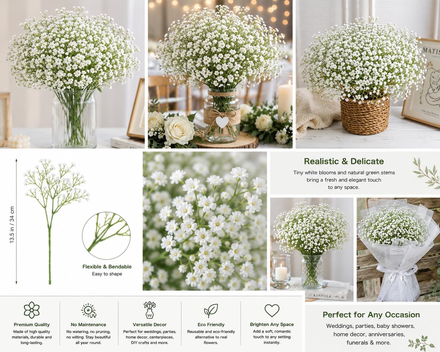 6-Stem Baby’s Breath Artificial Flowers Bulk, White Faux Gypsophila with Greenery for Wedding Bouquets, Centerpieces and Home Decor image 3