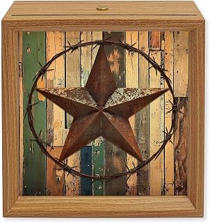 Wood Night Light Box 6.5x6.5in,Western Star Farm Texas Table Lights Wooden Picture Frame with USB Rechargeable Touch LED Lights for Home Decor Desktop Display,Vintage Farm Wood Grain