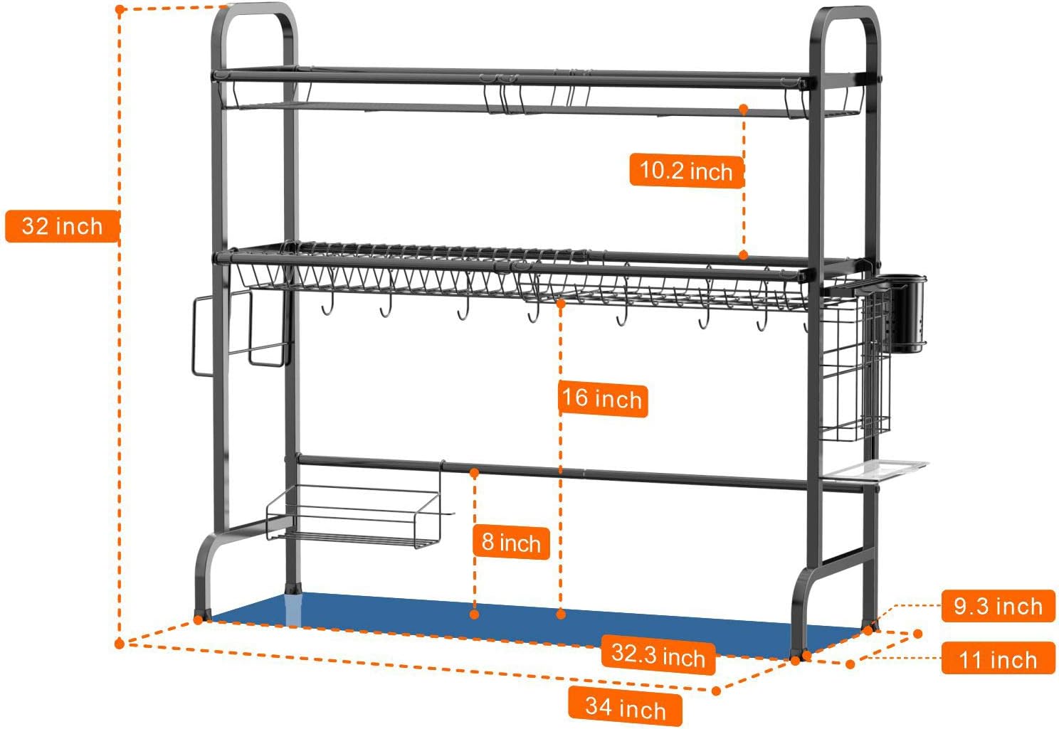 Veckle Over The Sink Dish Drying Rack, 2 Tier Large Stainless Steel Dish Rack Over Sink for Kitchen Countertop with Utensil Holder Hooks Standing Dish Drainer, Black
