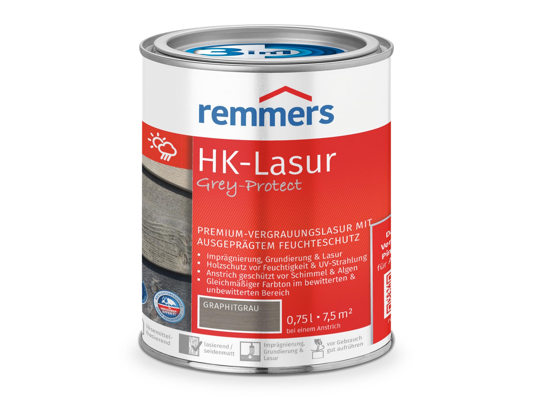 Remmers HK-Lasur 3in1 Grey-Protect graphitgrau, 0,75 Liter, Holzlasur für Vergrauung außen, 3 Holzschutz Produkte in einem, Feuchtigkeit- und UV-Schutz