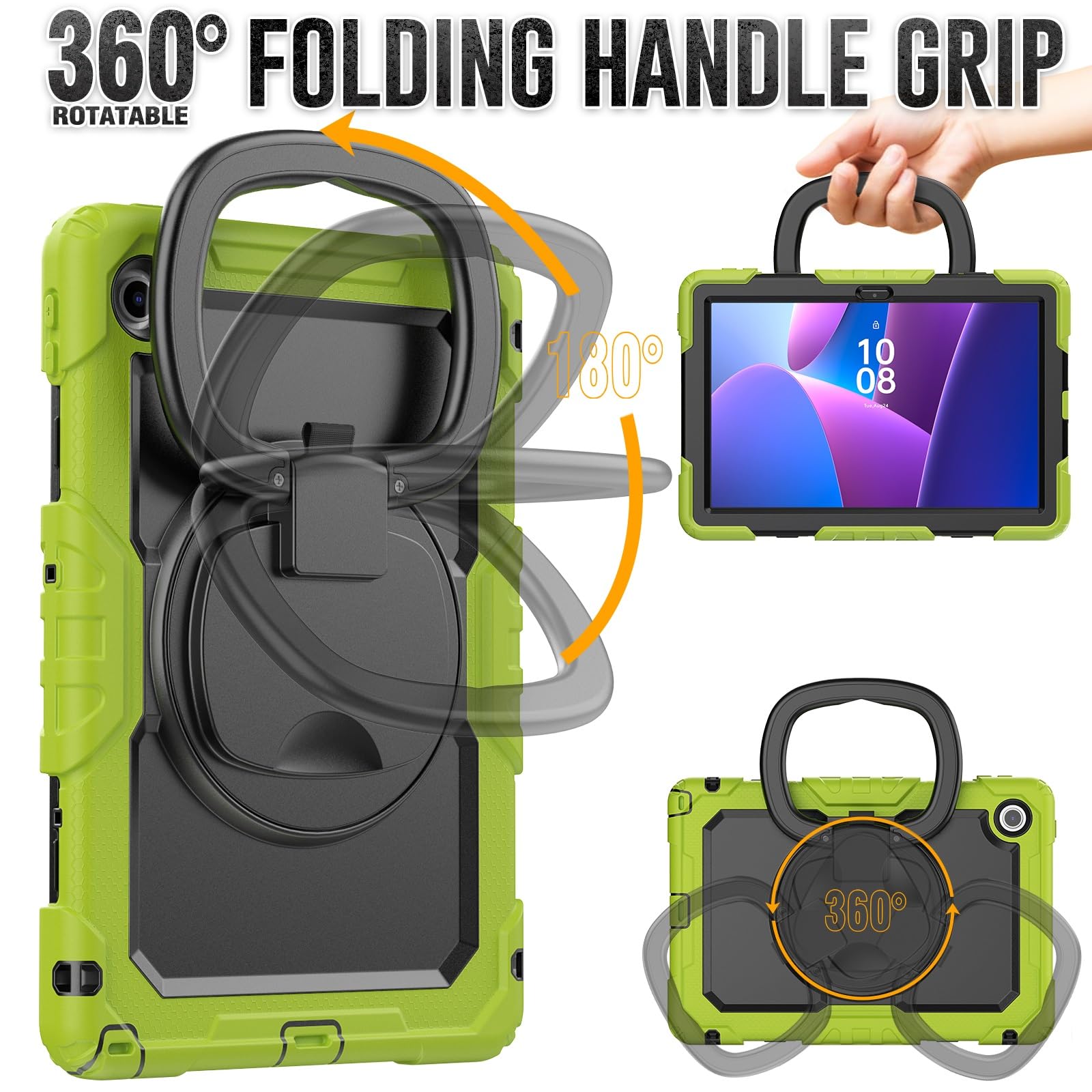 Kompatybilny z Lenovo Tab 10.1 (TB-311XU) / K10C TB311FU 2025 Etui folią ochronną ekranu, pełne etui ochronne, solidna obudowa, obrotowy uchwyt, silikonowe(Yellow green)