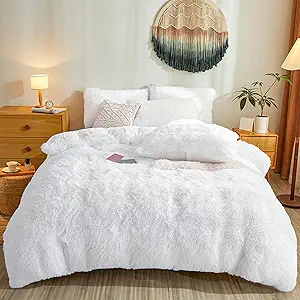 Fluffy Faux Fur White Comforter Cover Queen Set – Plush Fluffy White Bedding 3-Piece Set (1 Duvet Cover + 2 Furry Pillow Shams) Cozy Bed Set